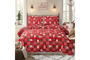 Kebury Christmas Quilt Set King Size Xmas Bedding Red Plaid Patchwork Quilts Reversible Christmas Bedspread Set Rustic Lodge Moose Coverlet Lightweight Quilt Holiday Xmas Snowman Elk Decor