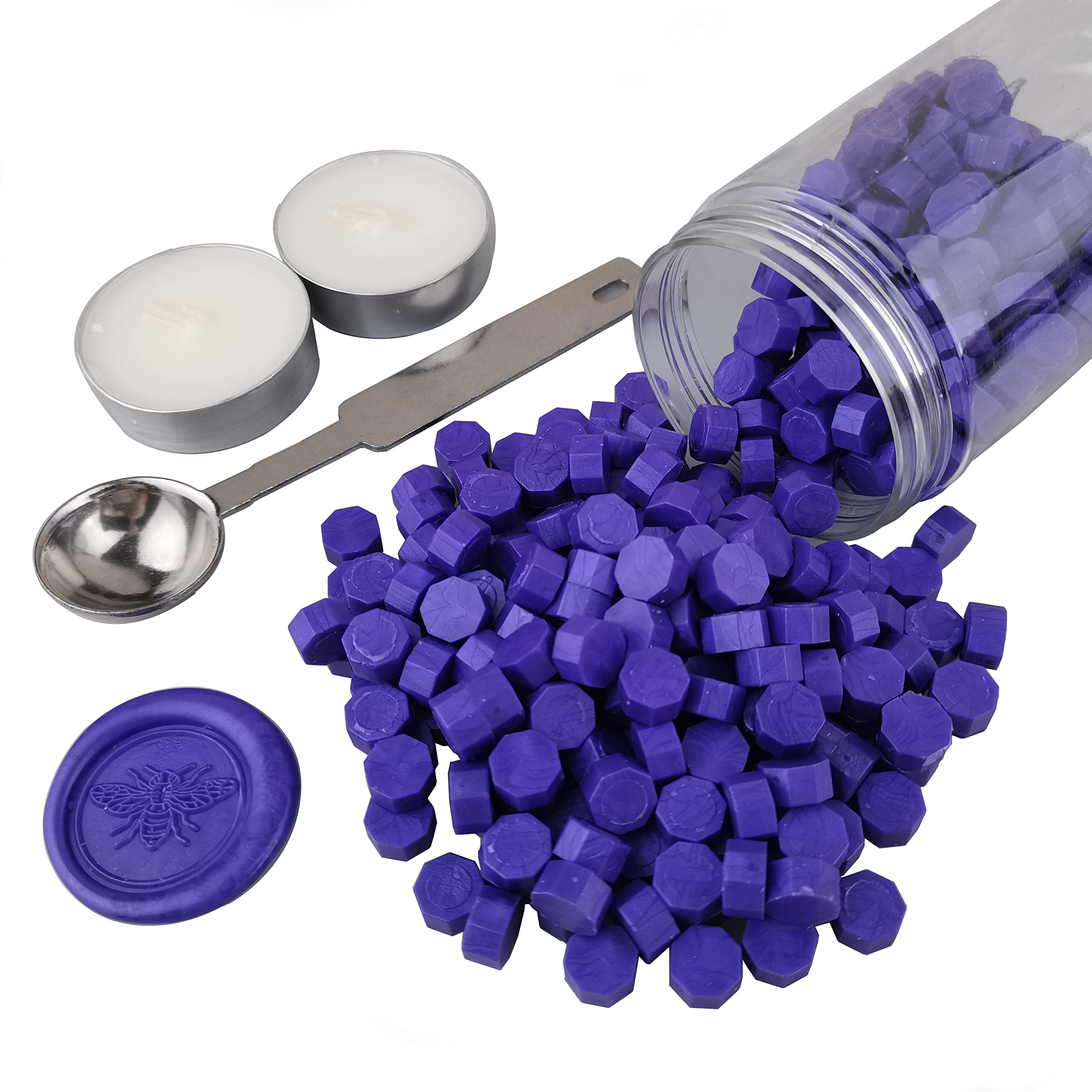 Sealing Wax Beads, AMTOL 300 Pcs Wax Sealing Beads with 2 Pcs White Candles and 1 Pcs Wax Melting Spoon, Great for Wedding Invitations,Cards Envelopes, Gift Wrapping (Purple)