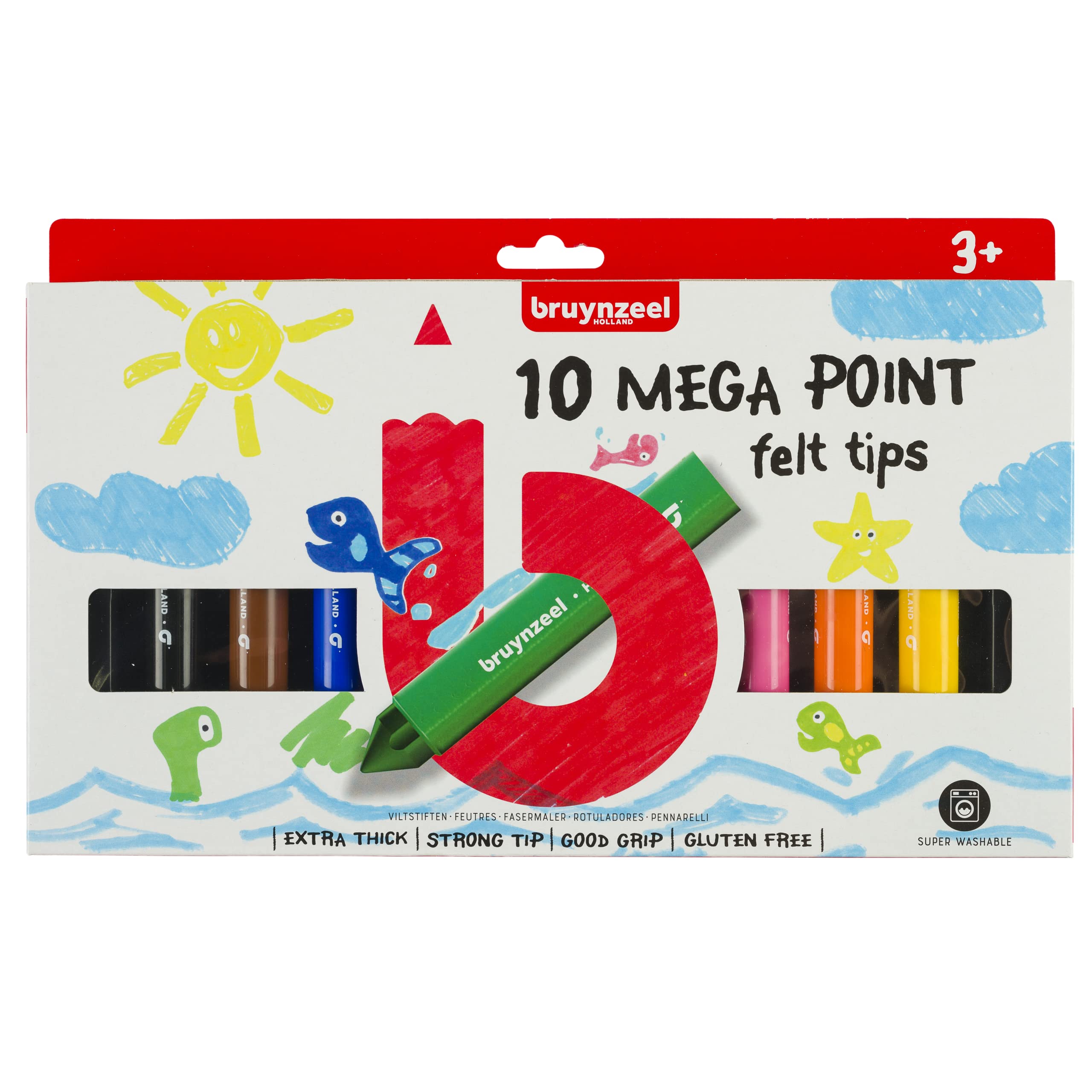 Bruynzeel Kids Mega Point Felt Tip Marker Set of 10 Colors | Thick Markers, Drawing & Coloring for Children