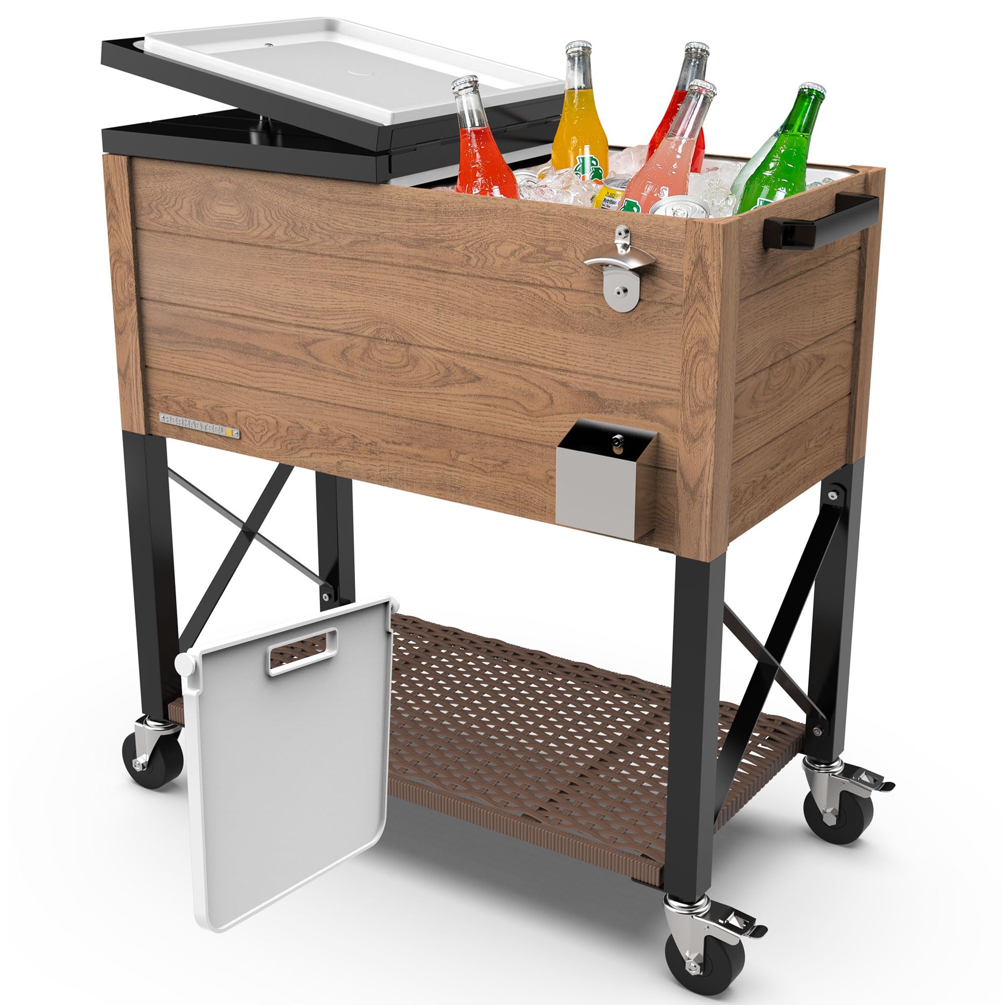 Permasteel 80-Qt Rolling Party Cooler with Divider, 36-Hour Chill, Spacious Ice Chest for Indoor/Outdoor Events, Wood Grain Finish, Wicker Shelf, Durable Design, Brown Image
