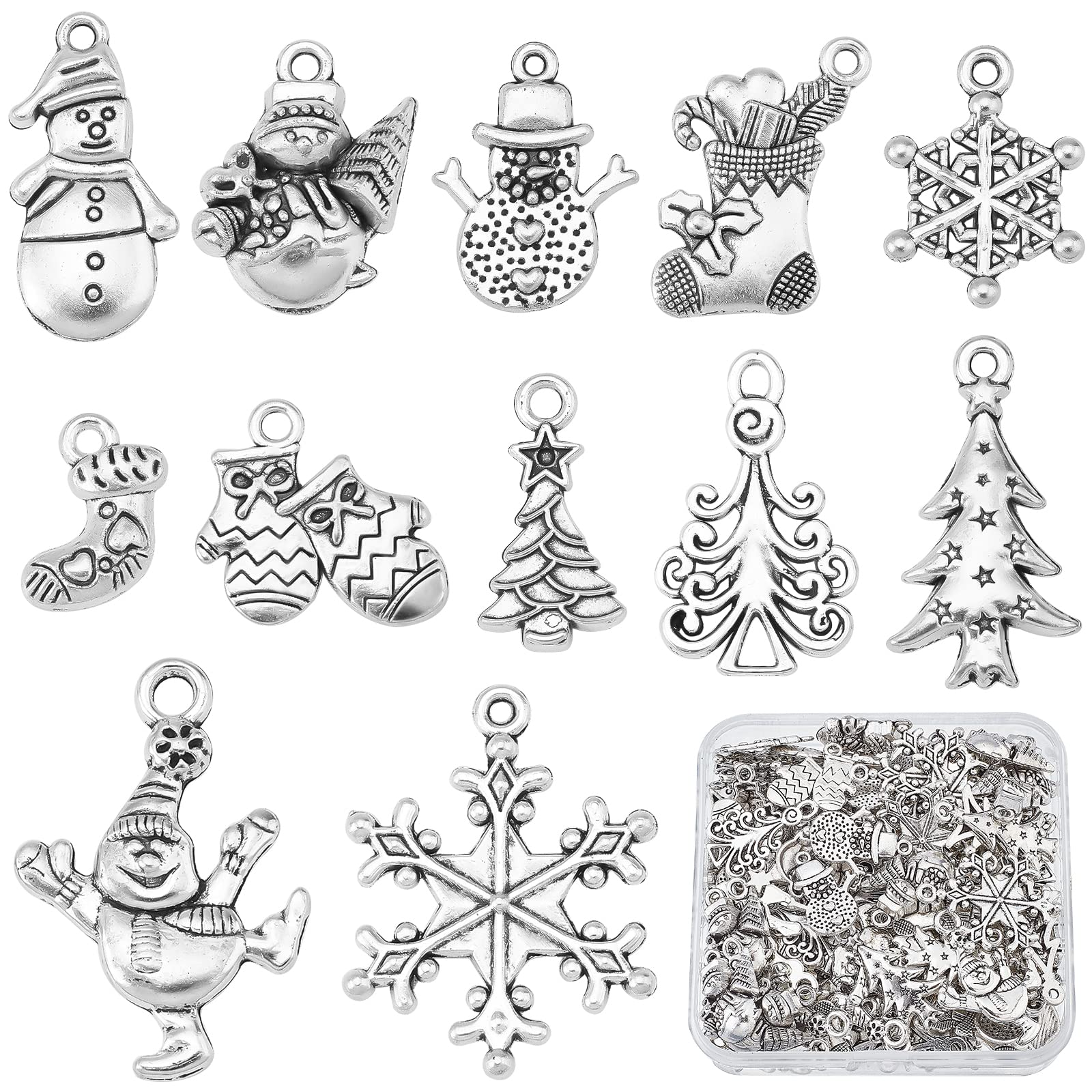 SUNNYCLUE 1 Box 120Pcs 12 Style Christmas Tibetan Style Charms Winter Theme Snowflake Pendants Antique Silver Snowman Pendants Metal Alloy Christmas tree Beads Bulk for Jewelry Making Charm DIY Craft — image 1