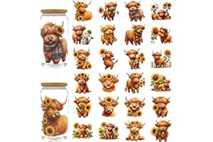 HERRYPENG 24 PCS UV DTF Cup Wrap Stickers, Highland Cow with Sunflowers Rub on Transfers for Crafts, Permanent DIY Transfer D