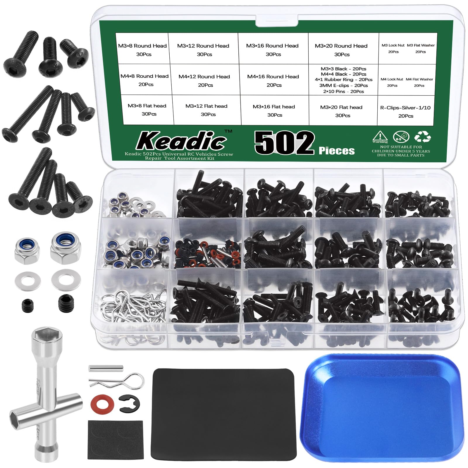 Keadic 502Pcs Universal RC Screw Assortment Set, M3 M4 Hex Screws, Lock Nuts Body Clips and Cotter Pins, Repair Tool Kit for 1/8 1/10 1/12 Scale RC Cars Truck Crawler Accessories DIY Parts