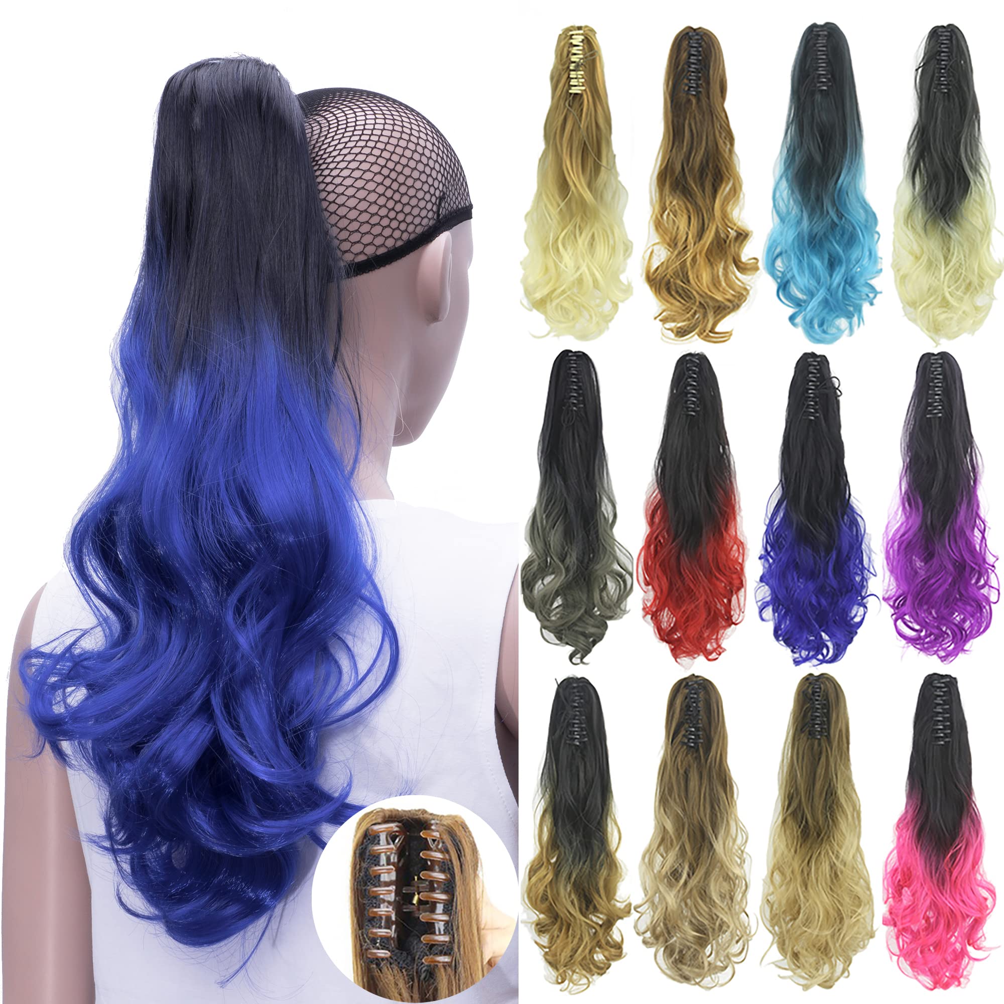 IMISSU Curly Ombre Color Claw Ponytail Hair Extensions Pony Tail Clip in Hairpiece (Ombre Blue)