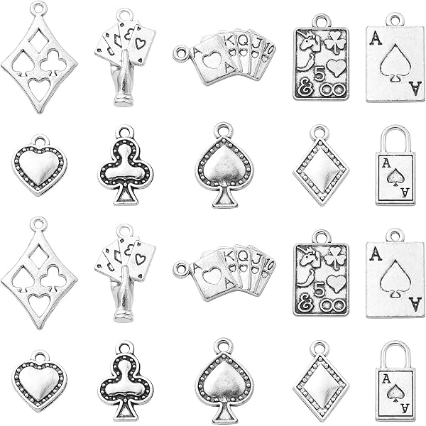 1 Box 16Pcs 2 Colors Poker Charm Ace Charms Metal Rhinestone Gold Sliver Black Heart Playing Card King Charm Jewelry Making Charms Diy Lanyard Keycha