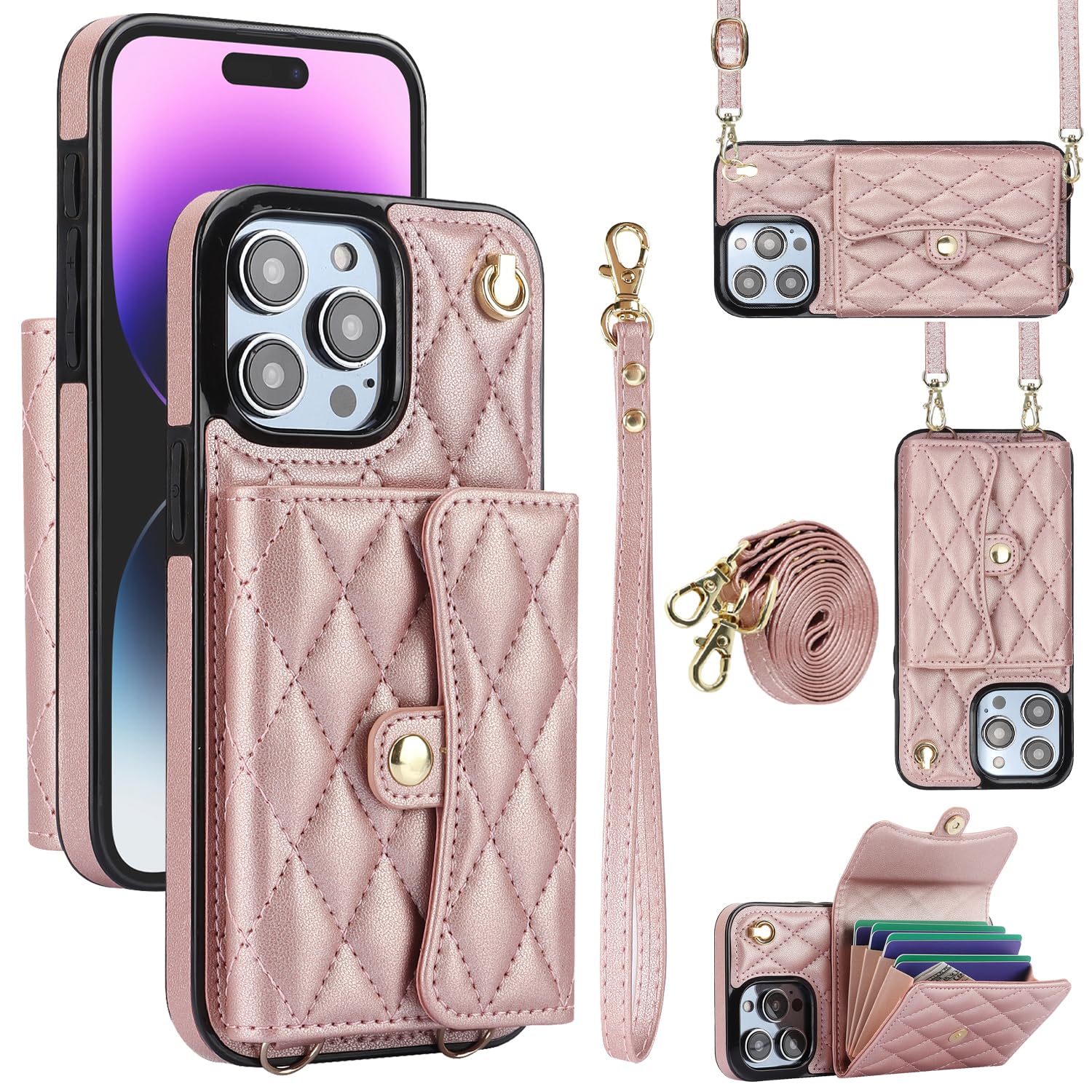 XIZYO for iPhone 15 Pro Max Leather Crossbody Wallet Phone Case with 2 Adjustable Removable Lanyard Straps, Women Girls Soft TPU Cute Luxury Purse Kickstand Phone Cover with Card Slots, Rose Gold