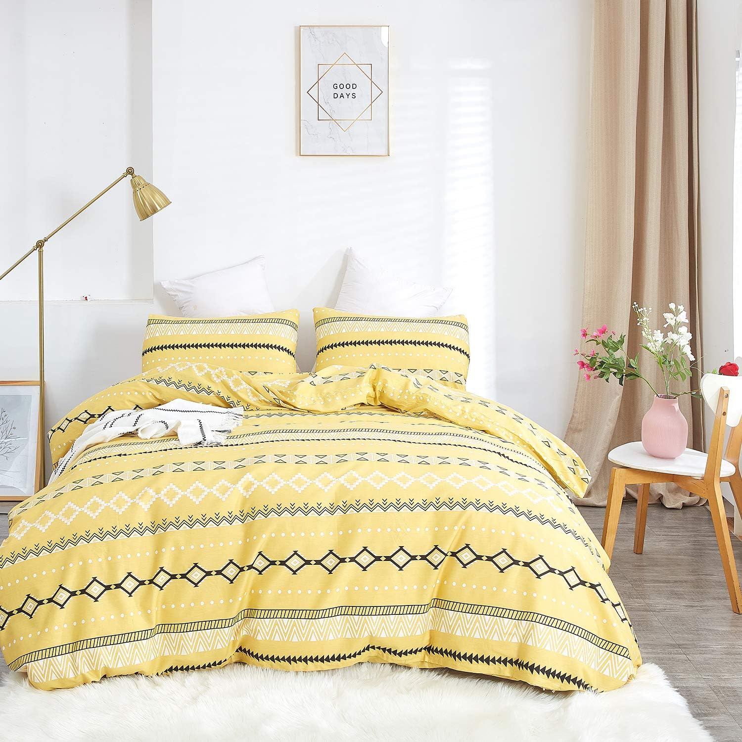 Wellboo Boho Yellow Duvet Covers Queen Yellow and Black Geometric Bedding Cover Sets Black Striped Farmhouse Cotton Bed Cover Men Women Adult Modern Folkloric Beddings Full Lines Triangle Soft Health