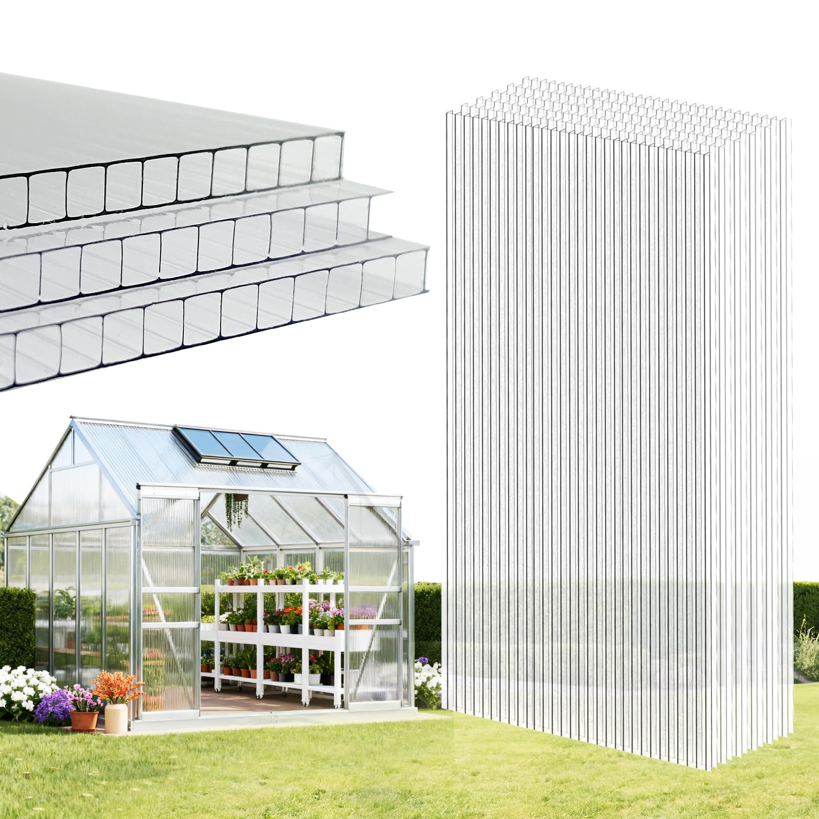 Photo 1 of EVERECO 6 Pcs Polycarbonate Greenhouse Panels, 8'FT x 4'FT x 0.24" in Twin-Wall Polycarbonate Sheet, All-Season UV Protected Plastic Roof Sheeting for Greenhouse Covering/Outdoor Garden