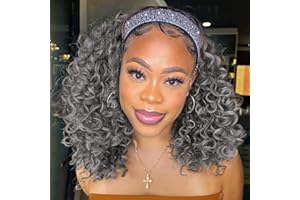 Aisaide Kinky Curly Headband Wig 14 Inch Grey Deep Curly Headband Wigs for Women Short Glueless No Lace Deep Curly Half Hair Wig Dark Silver Grey