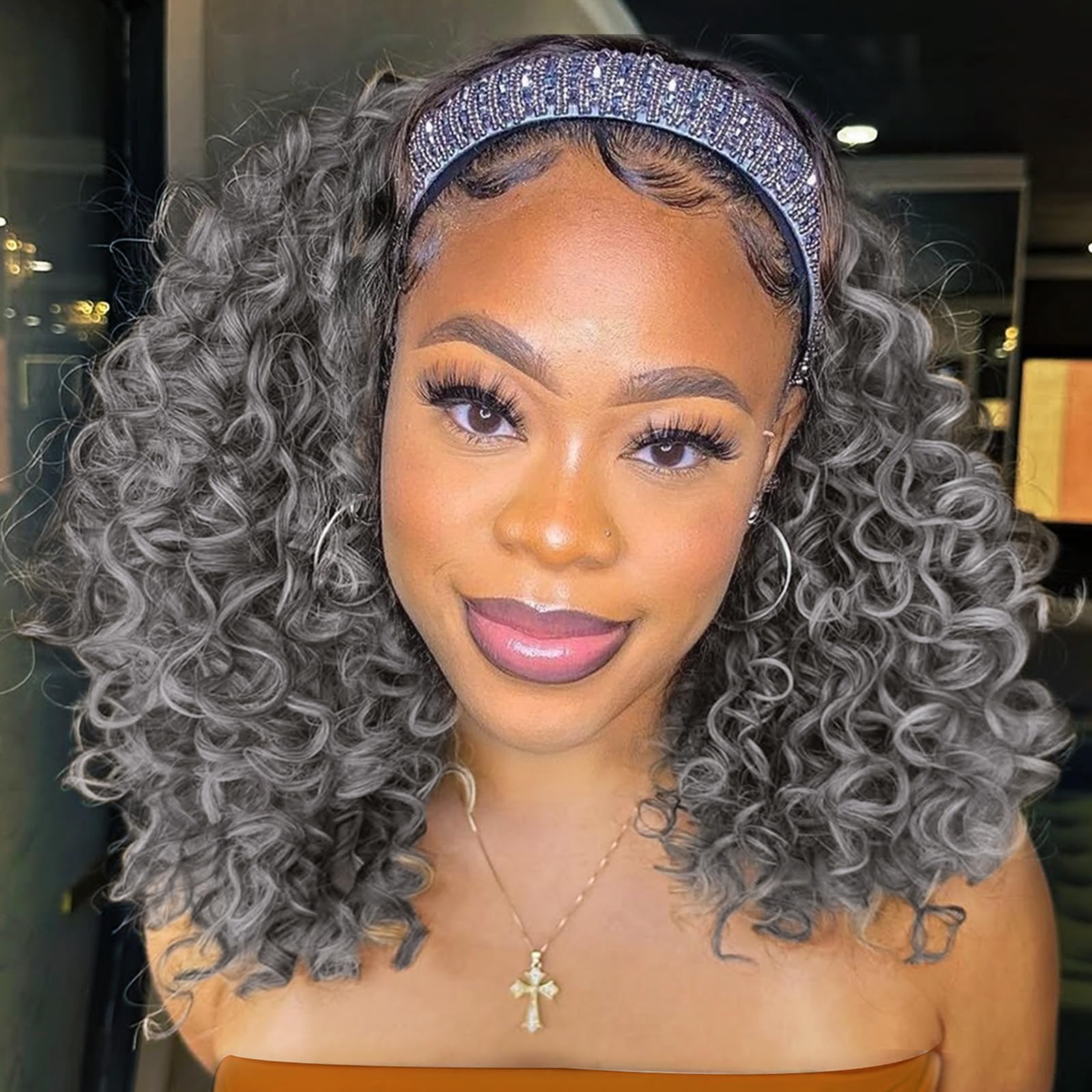 Photo 1 of Aisaide Kinky Curly Headband Wig 14 Inch Grey Deep Curly Headband Wigs for Women Short Glueless No Lace Deep Curly Half Hair Wig Dark Silver Grey