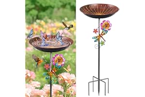 SMFANLIN 11 Inch Metal Bird Bath for Outside, Freestanding Birdbath Feeder Bowl with Stake for Outdoors, Bird Baths with Upgraded 5-Pronged Base for Garden Patio Yard Lawn Decor (Vintage Rose-red)