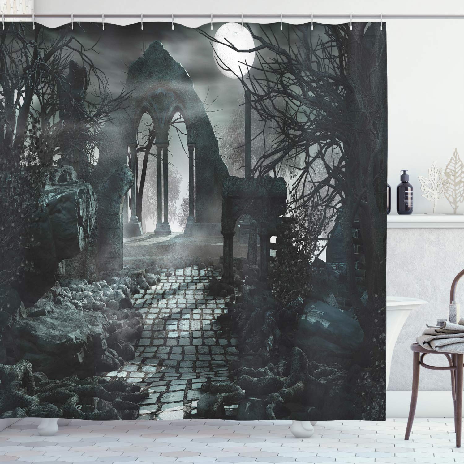 ABAKUHAUS Gothic Shower Curtain, Full Moon over Medieval Building Ruins at Night Dark Scary Backdrop Middle Ages Image, Cloth Fabric Bathroom Decor Set with Hooks, 175 x 200 cm, Blue Grey — image 1