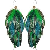 FASHMOROUS Green Feather Earrings for Women Dangling Classy Blue Feather Earrings for Women Dangling with Leaf Shape Hook