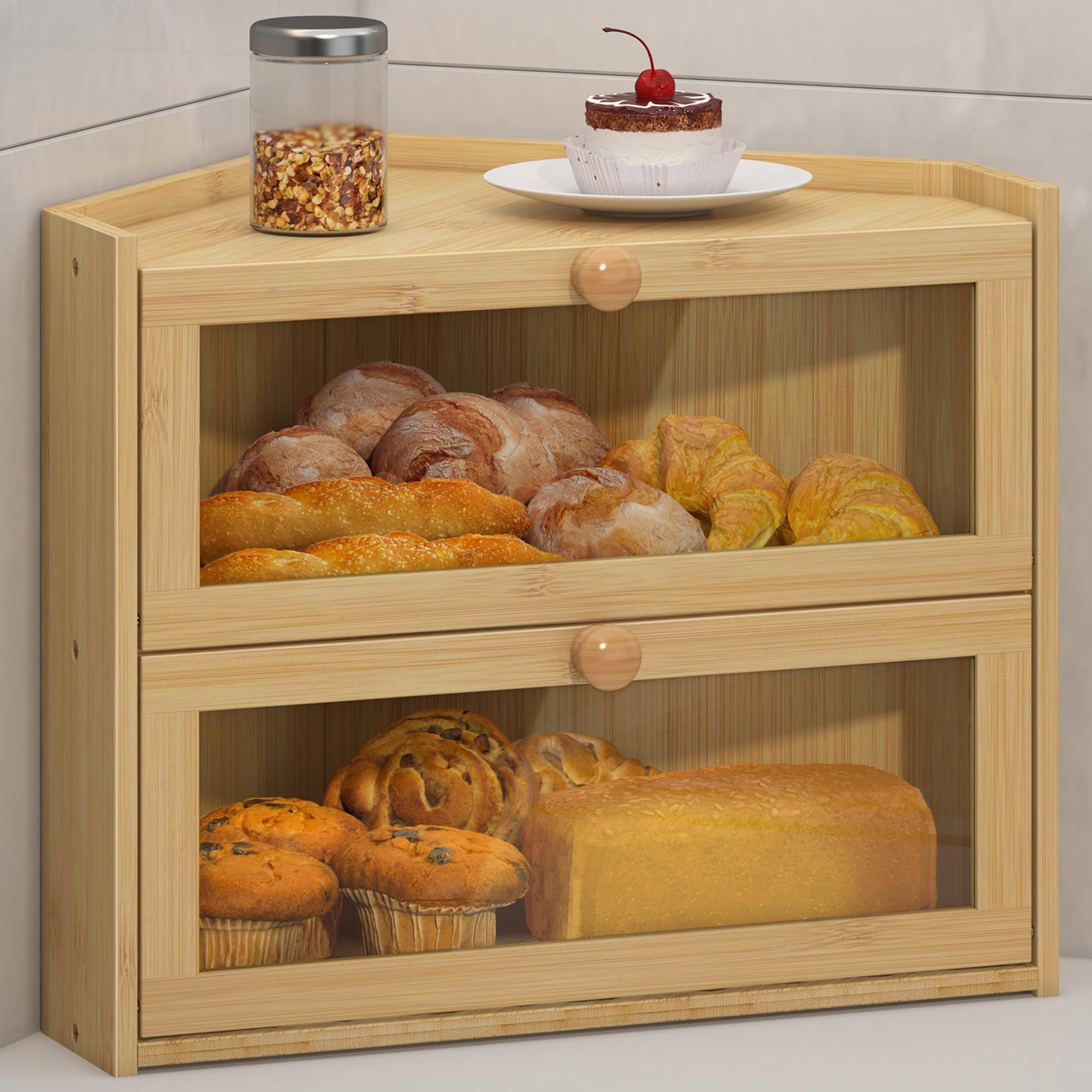 Photo 1 of JANSNIMEN Bamboo Corner Bread Box for Kitchen Countertop, Large Bread Container Storage Bamboo Wooden Farmhouse Bread Box with Window Bread Holder