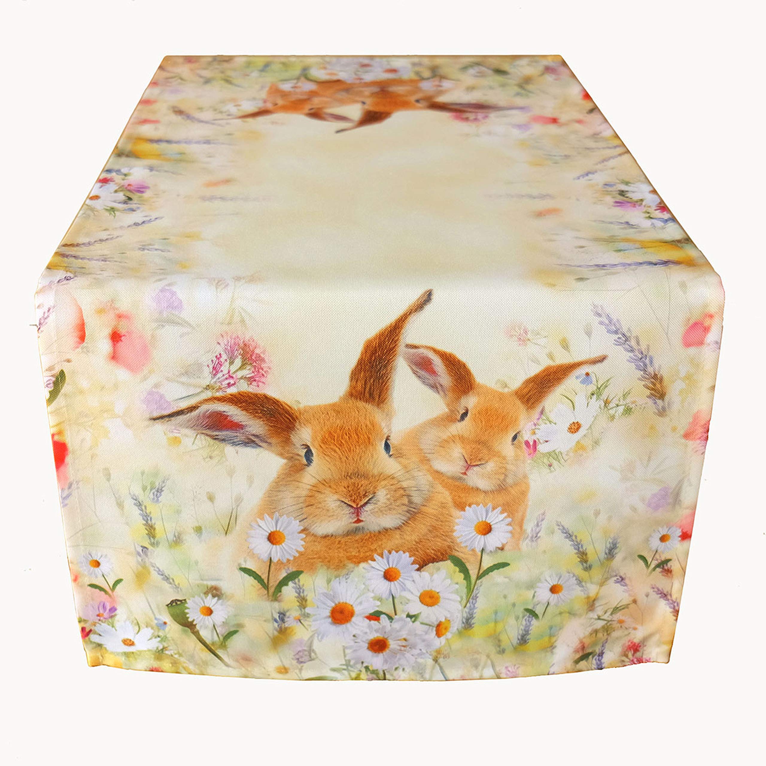 Raebel Tablecloth - Light Yellow / Colourful Embroidery Print Rabbits on Spring Meadow Easter (130 x 170 cm)