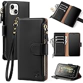Shieldtop Compatible with iPhone 14 Wallet Case with Card Holder,Women Men RFID Blocking PU Leather Flip Cover Wrist Strap Zipper Credit Card Slots,Phone Case for Apple 14 6.1",Black