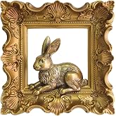 Rabbit Wall Decor with Gold Frame, Baroque Resin Bunny Wall Sculpture | 3D Bunny Sculpture with Square Hollow Baroque Frame, Antique Gold Animal Wall Decor for Gallery Bedroom Entryway