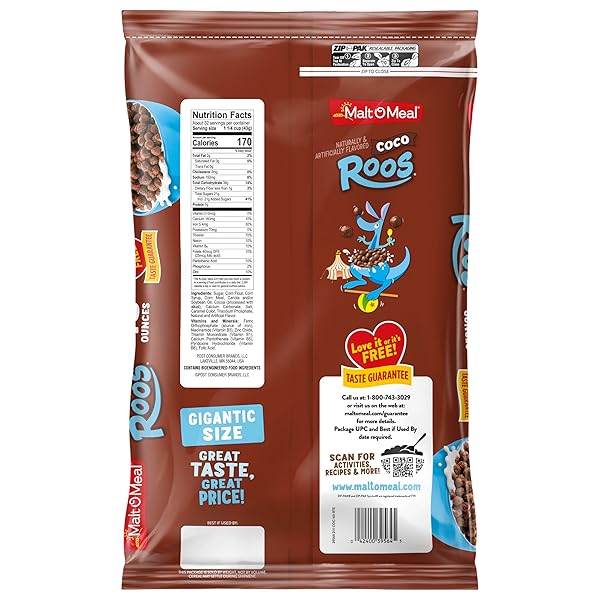 MALT-O-MEAL COCO ROOS BREAKFAST CEREAL, CRUNCHY CHOCOLATE PUFF CEREAL, LARGE CEREAL FOR FAMILY, 48 OZ RESEALABLE CEREAL BAG