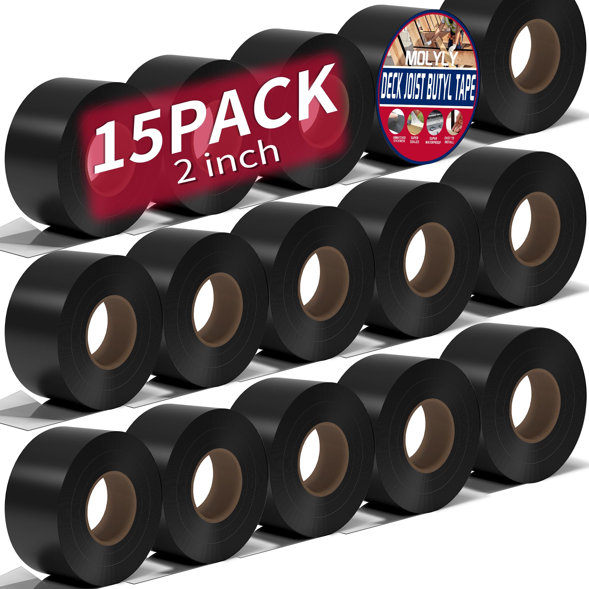 Photo 1 of MOLYLY Butyl Deck Joist Tape 2 inch, 2" x 50' Joist Tape for Decking, 15 Rolls Waterproof and Anti-Corrosion Flashing Deck Tape Joist for Deck, Joist, Roofs, Beams, RV, Roof Extend Decking Tape
