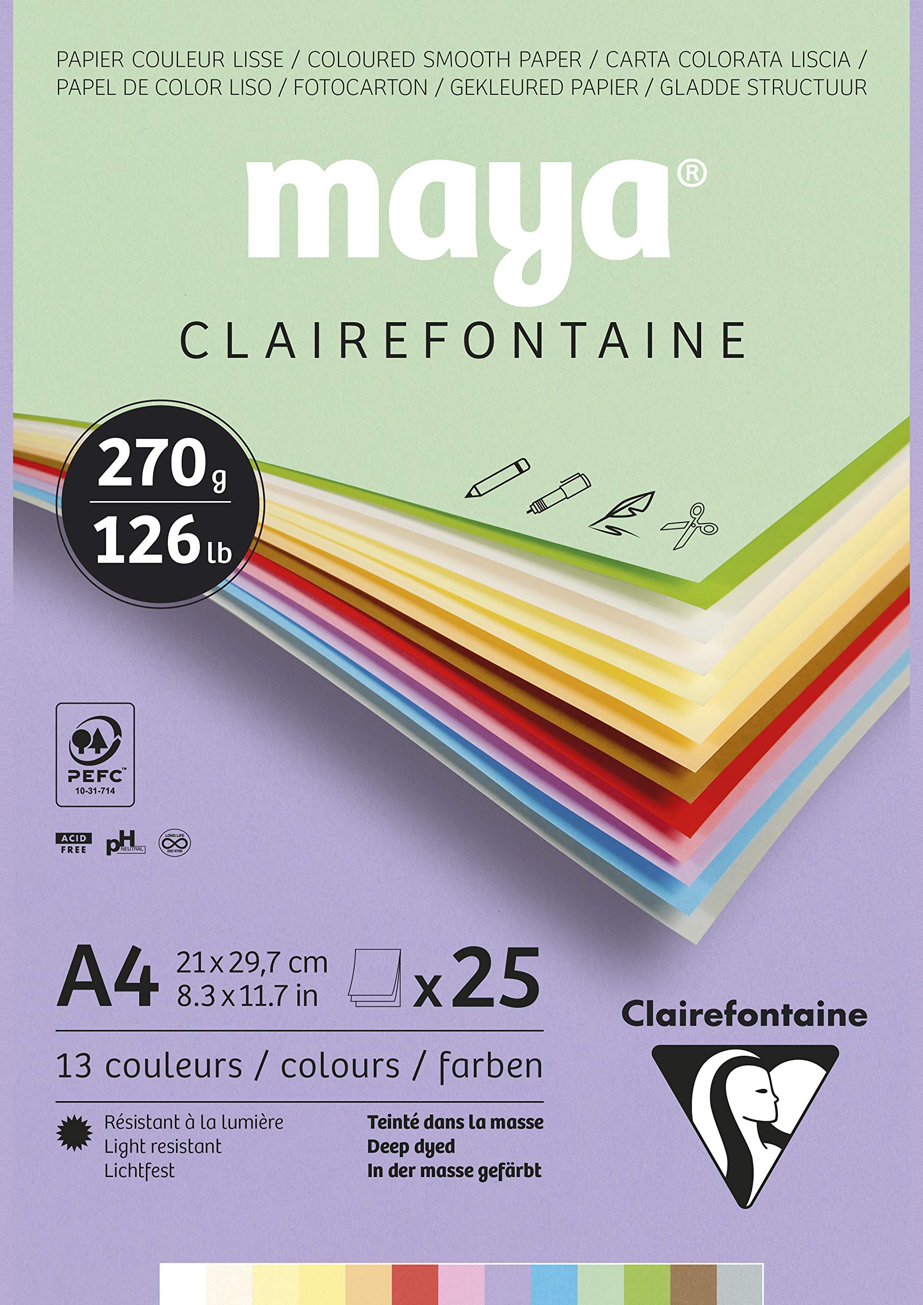 Clairefontaine - Ref 975336C - Maya Pastel Coloured Drawing Pad (Pack of 25 Sheets) - 270gsm Paper - A4 (29.7 x 21cm) - Assorted Colour - Deep Dyed, Acid Free, pH Neutral