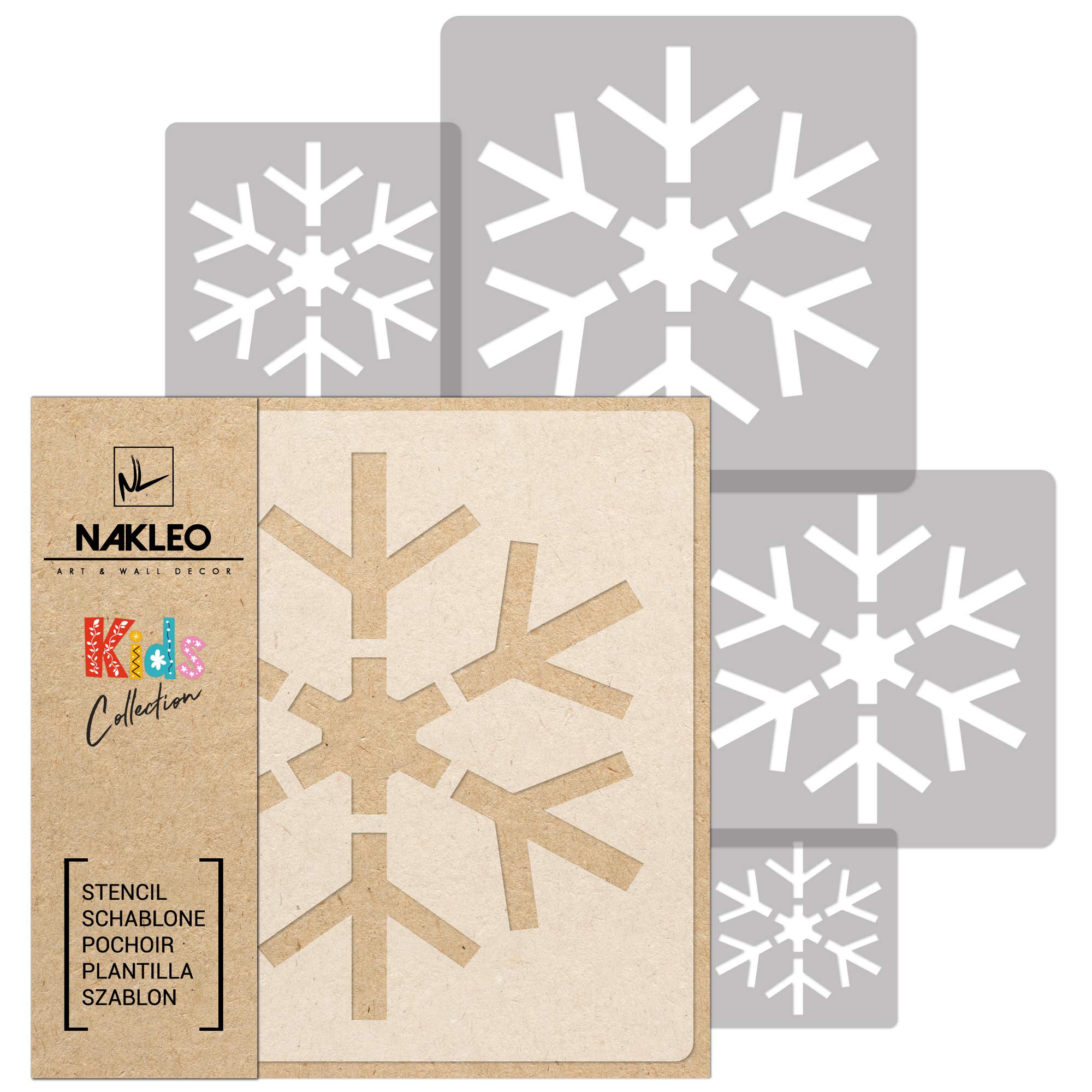 NAKLEO Painting Stencils Set for Nursery Room, 5 Pcs Templates 9x9 to 34x34cm Snowflake, Plastic and Reusable Drawing Stencils, Decor, Craft DIY Wall Furniture