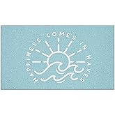 Jvpke Blue Beach Door Mat, Happiness Comes in Waves Blue Beachy Door Mat Indoor Outdoor Entrance Porch, Ocean Coastal Nautica