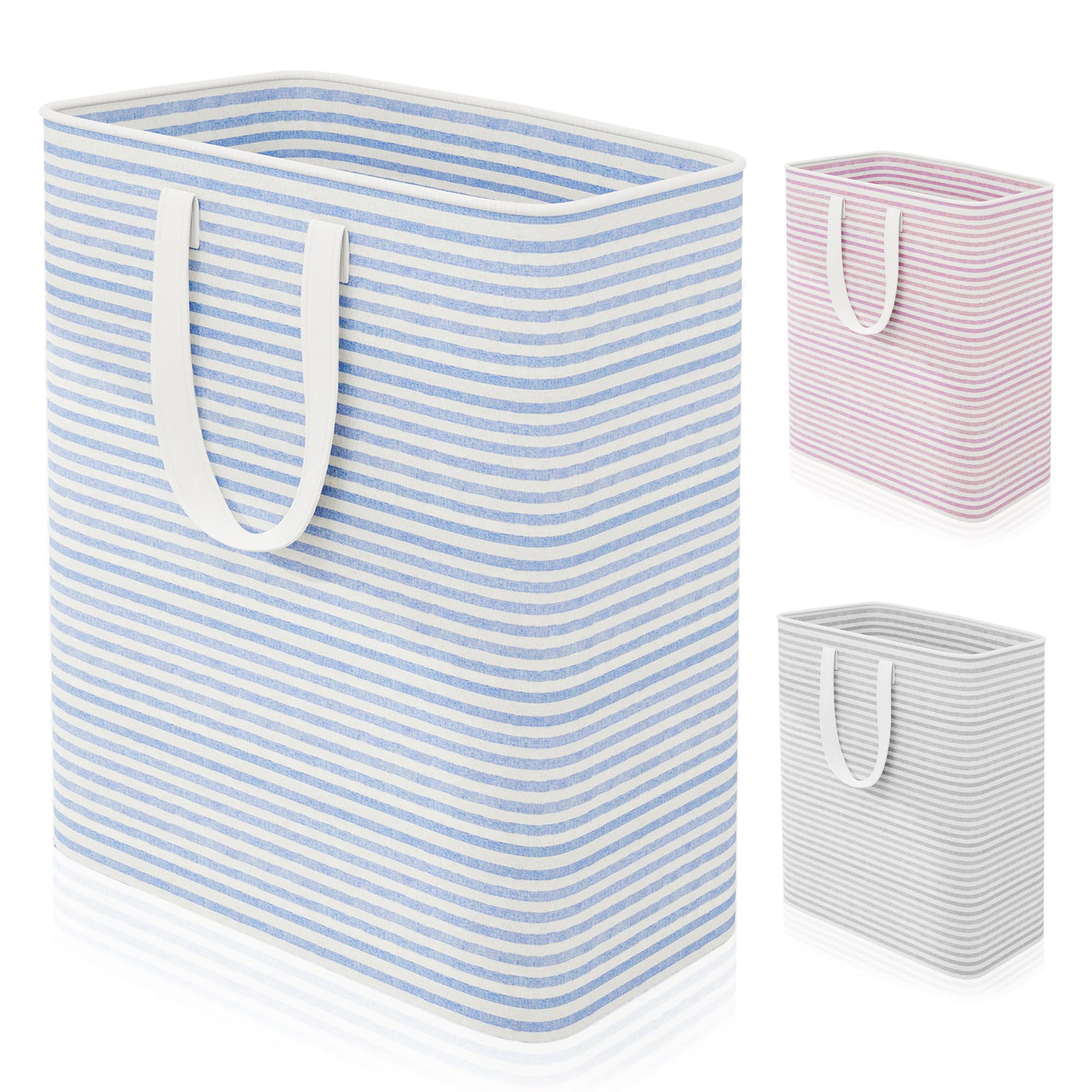 Caroeas 100L Laundry Bin, Collapsible Laundry Basket for Easy Storage, Freestanding Washing Baskets for Dirty Clothes with Reinforced Long Handles, Waterproof Slim Laundry Hamper for Baby, Blue