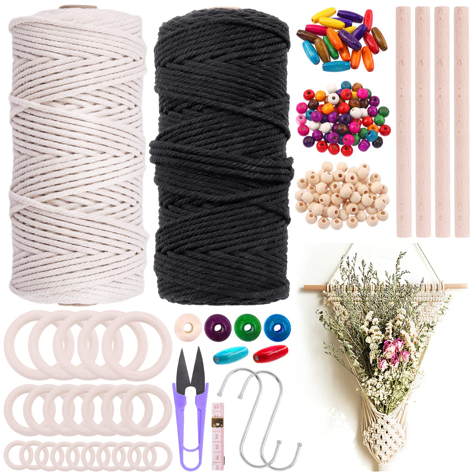 Mardatt 134 Pcs Macrame Kit with 218 Yards 3mm White& Black Macrame Cord, Wooden Beads and Wooden Rings and Wooden Stick for Wall Hanging, Plant Hangers, Crafts, Gift Wrapping and Wedding Decor