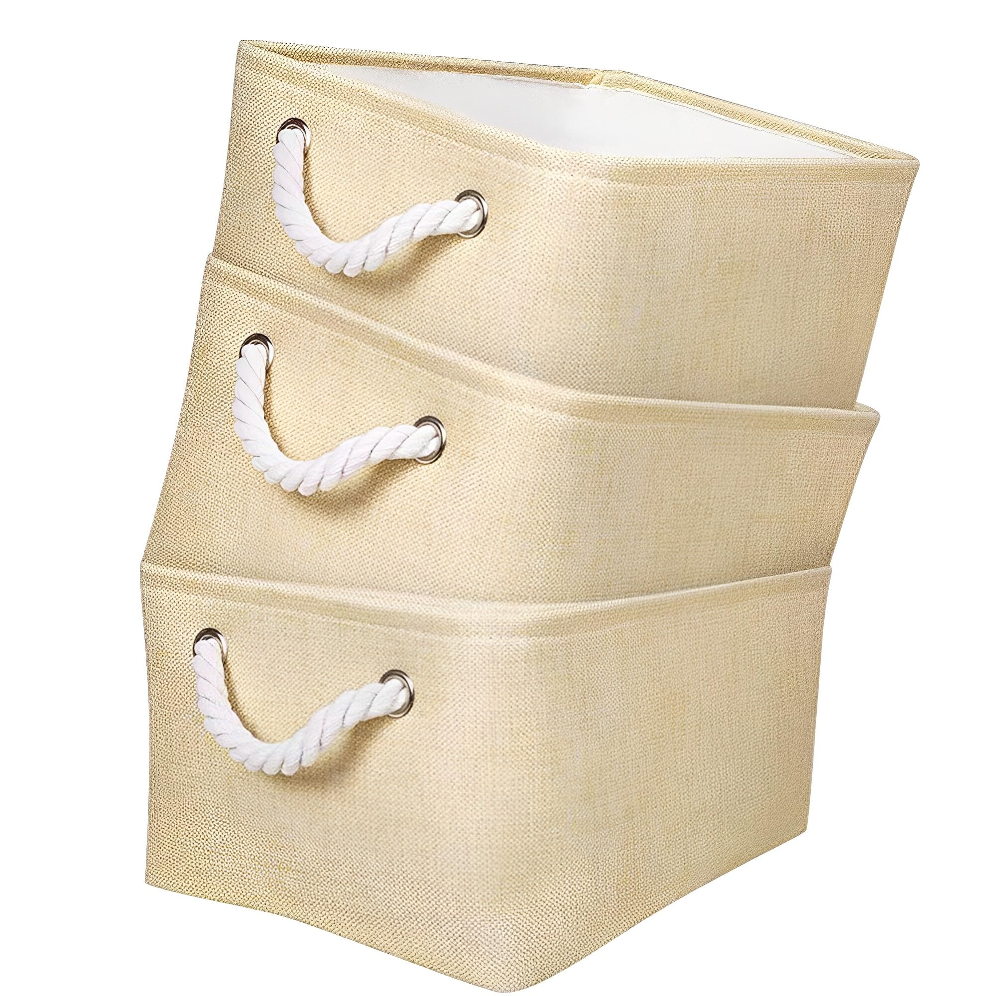 Mangata Foldable Storage Basket, Open Wardrobe Organiser Boxes 3 Pack (Beige, Medium)