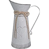 Fovasen Large Rustic Metal Pitcher Heart Vase for Flower, Gray Farmhouse Flower Vase for Kitchen Decor, Spring Decor - 11"