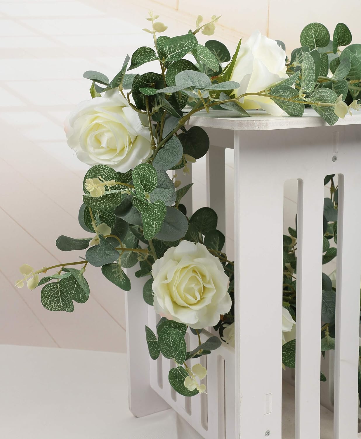 Famibay Artificial Eucalyptus Garland with Roses 1Pc 5.9Ft Greenery Garland Eucalyptus Leaves for Table Wedding Arch Backdrop Wall Decor - Image 4