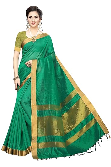 Women's Green Color Salem Silk Plain Saree Border Tassels With Blouse Piece(MAHRUKH-GREEN_Free Size)