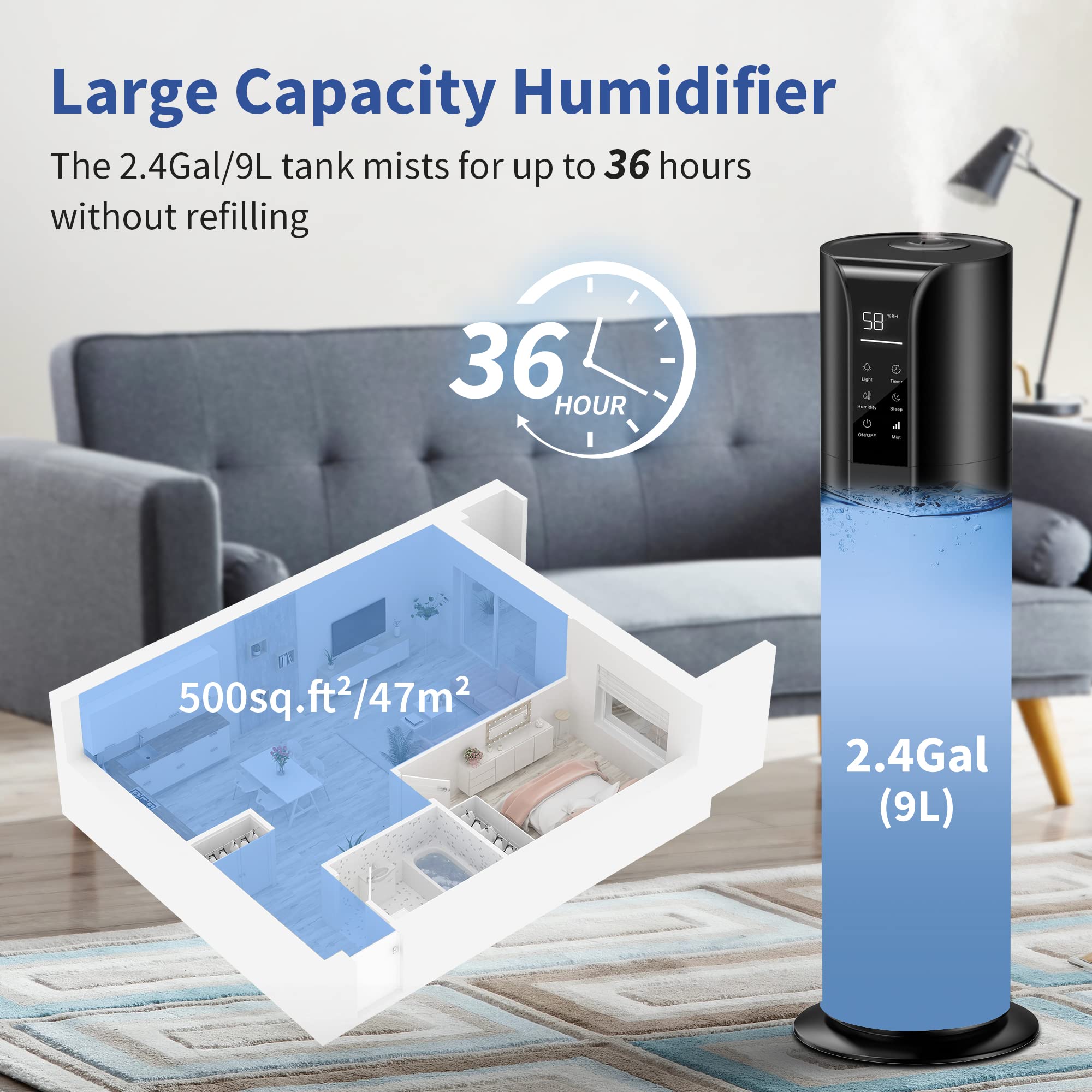 Humidifiers for Bedroom Large Room, 9L/2.4Gal Cool Mist Top Fill Humidifier with Essential Oil Remote Control 360°Nozzle for Home Baby Office Plants Bedroom (Black)