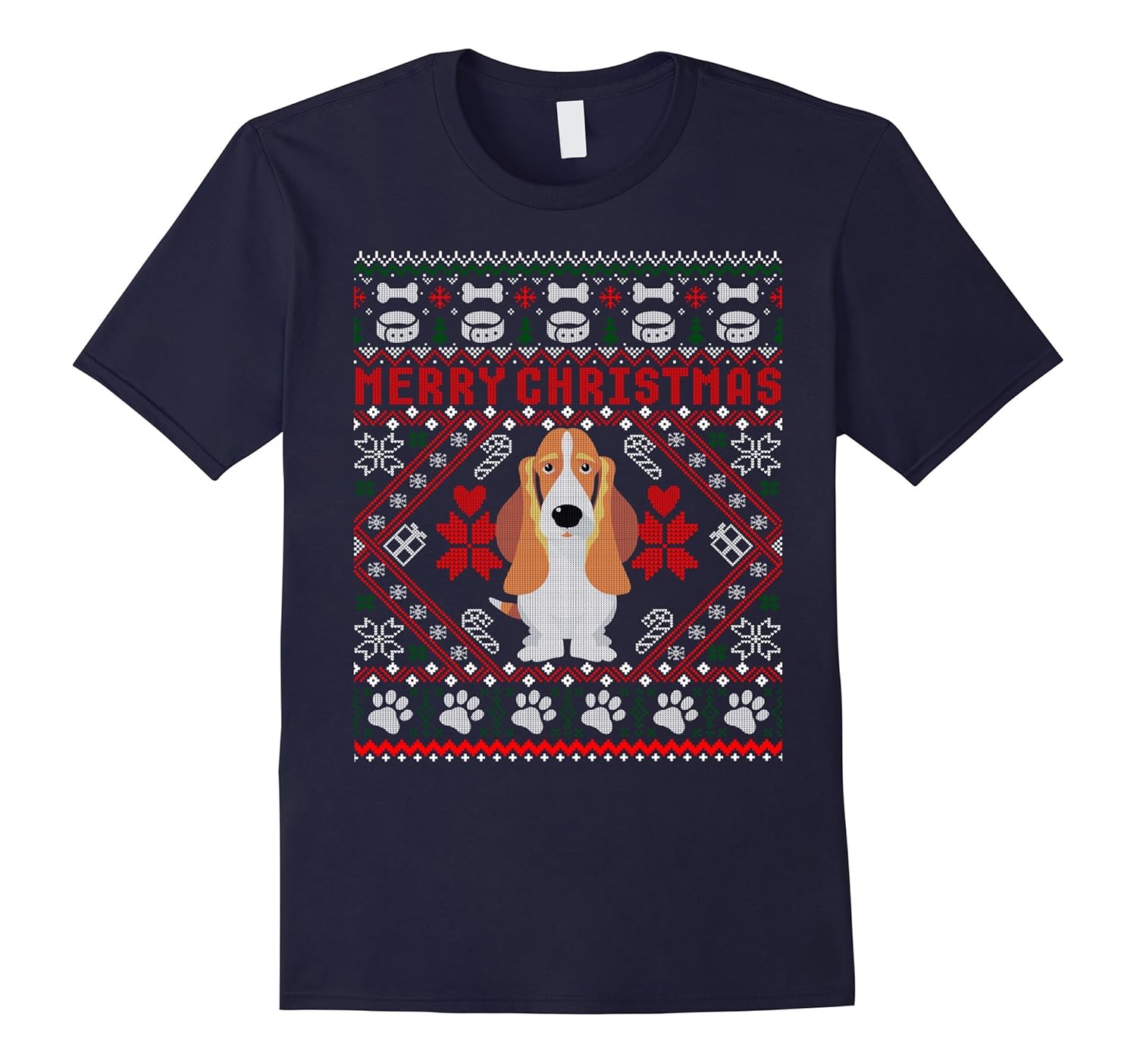 Basset Hound Dog Merry Christmas Ugly Xmas Sweater T-Shirt-Rose