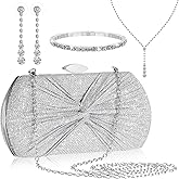 Blosssound 4 Pcs Silver Clutch Purse Jewelry Set for Women Includes Rhinestone Purse Silver Hand Bag Crystal Necklace Earrings Bracelets for Bridal Wedding Evening Party Accessories