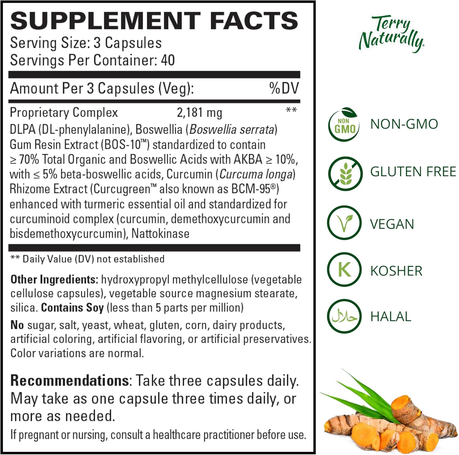 Terry Naturally Curamin - 120 Vegan Capsules - Non-Addictive Pain Relief Supplement with Curcumin from Turmeric, Boswellia & DLPA - Non-GMO, Gluten-Free - 40 Servings: Health & Personal Care