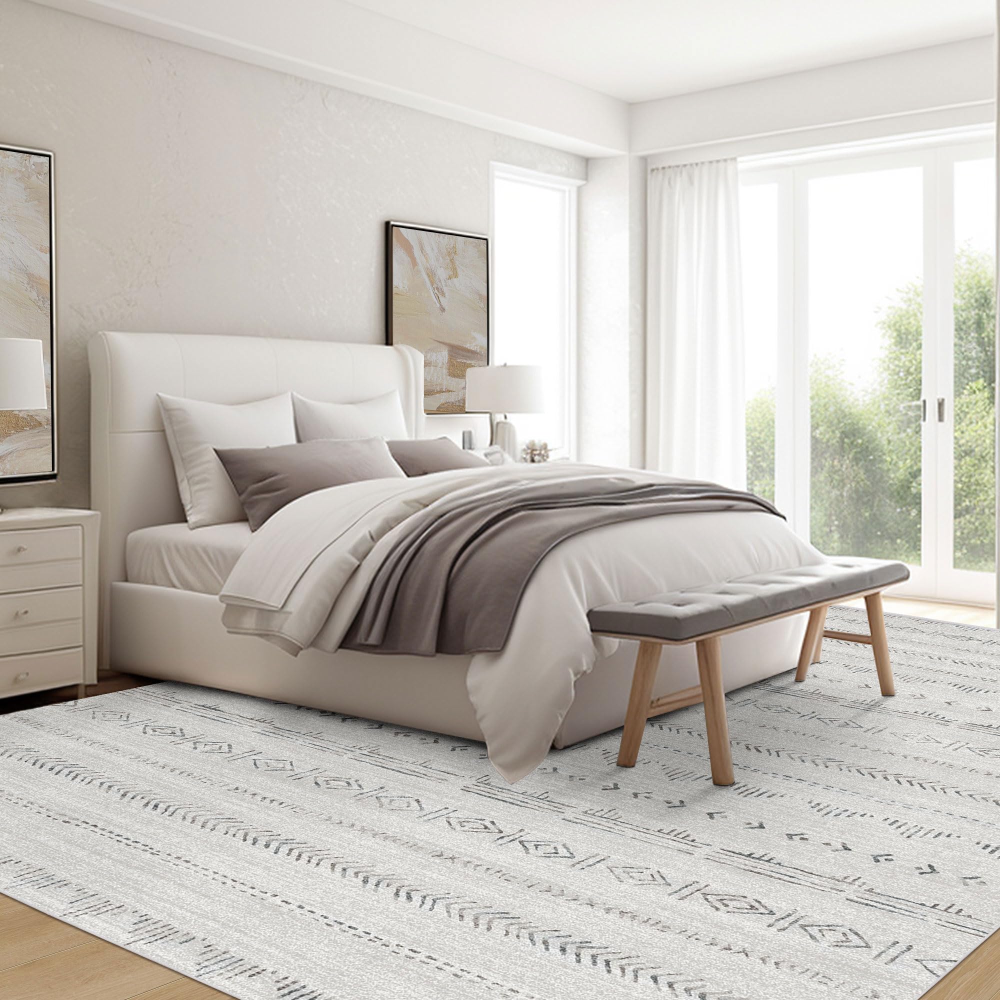 Photo 1 of Deerly Washable 5x7 Rugs for Bedroom, Moroccan Farmhouse Area Rug 5x7 with Non-Slip Backing, Soft Low Pile Indoor Floor Carpet Boho Neutral Area Rug for Living Room Home Office Decor, Light Grey