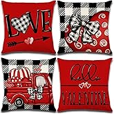 Valentines Day Decorations-Throw Pillow Covers 18x18 in set of 4,Valentine Linen Pillow Case with Red Buffalo Plaid Heart Love Truck for Large Couch Sofa Home Inside Outside Holiday Party Decor