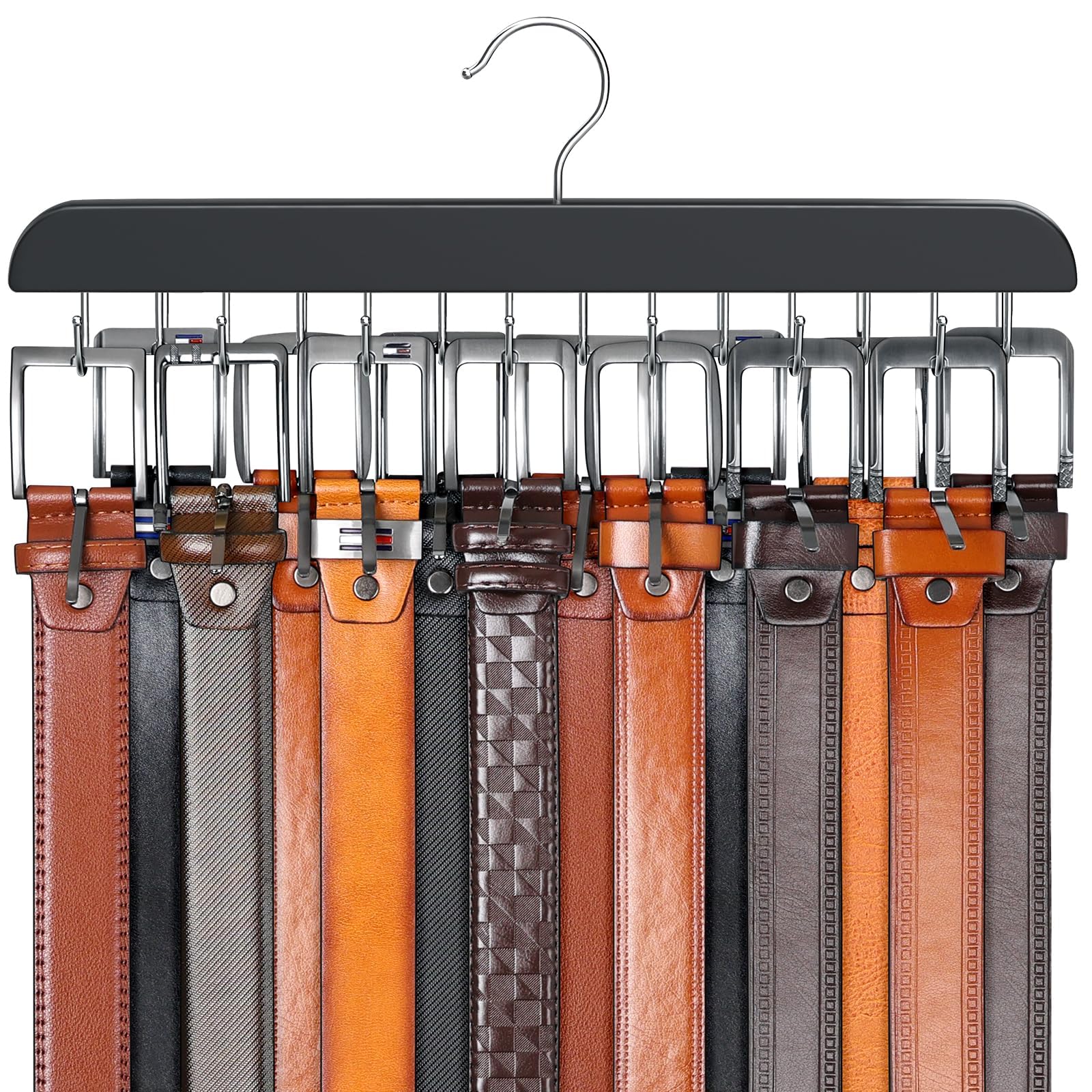 Photo 1 of Belt Hanger for Closet Max 42 Belts, Sturdy Wood Belt Rack Closet Accessories with 14 Hooks Belt Organizer for Closet Organizers and Storage -Black 1 Pack