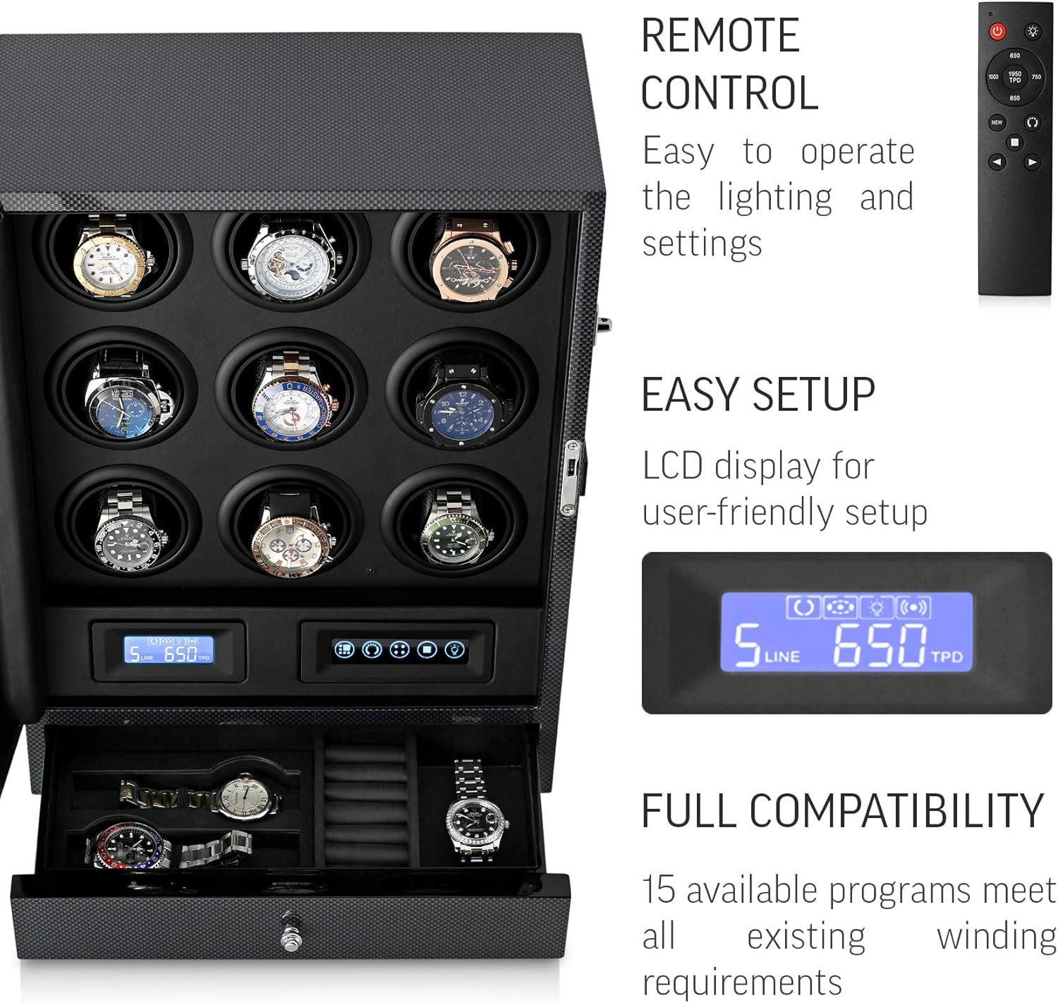 9 Watch Winder with LED Backlight, Remote Control, LCD Display and 2 Watches Storage Compartment (Carbon + Black): Watches