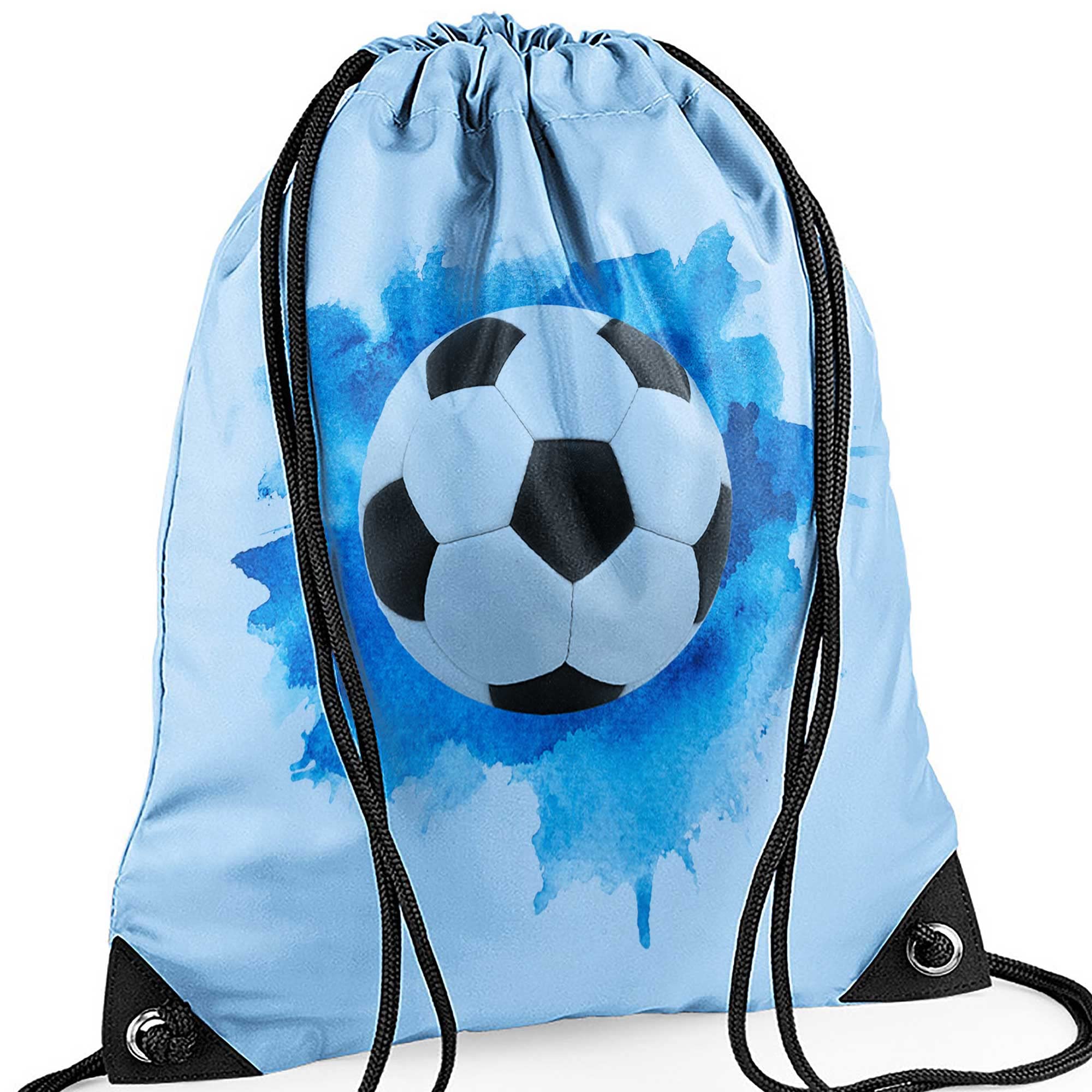 Tigerlilyprints Blue Football Drawstring Bag, Boys Kit Swim Bag, Kids Drawstring Kit, School Gym Blue Sports Bag, Waterproof, Quality Reinforced corners and Thick Cord.