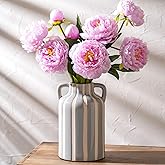 Ceramic Grey and White Checkered Stripes Vase with Handles, Hand-Painted Modern Minimalist Bohemian Floral Vases Home Decor, Cottage Core Decor, Flower Vase for Bouquet Mantle Kitchen Bookshelf 9.1 In