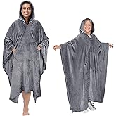 Hooded Poncho Blanket, Fleece Wearable Throw Wrap with Hood and Pocket, Warm Cozy Soft for Adult Women Men Kids, Indoor or Outdoor Grey