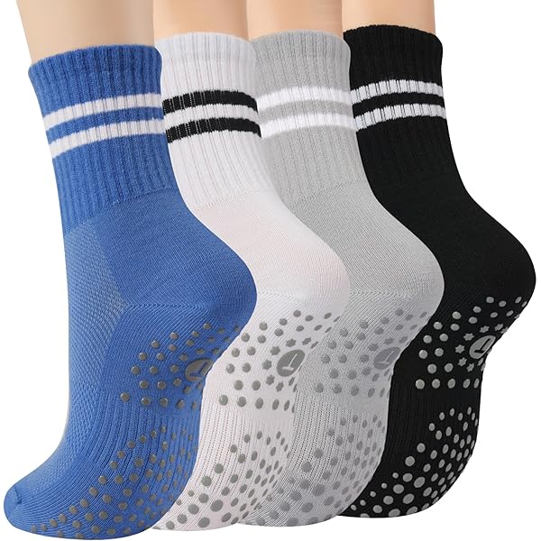 3 Pairs Women's Pilates Socks With Grips - Non-Slip Yoga Socks, Cotton Crew Socks, One Size (Black/White/Grey)