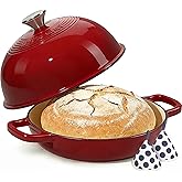 Enamelled Cast Iron Dutch Oven Pot – Dutch Oven Pot with Lid For Sourdough Bread Baking – Cast Iron Bread Oven – Red, Umite Chef 6QT Pot with Lid & Cotton Potholders