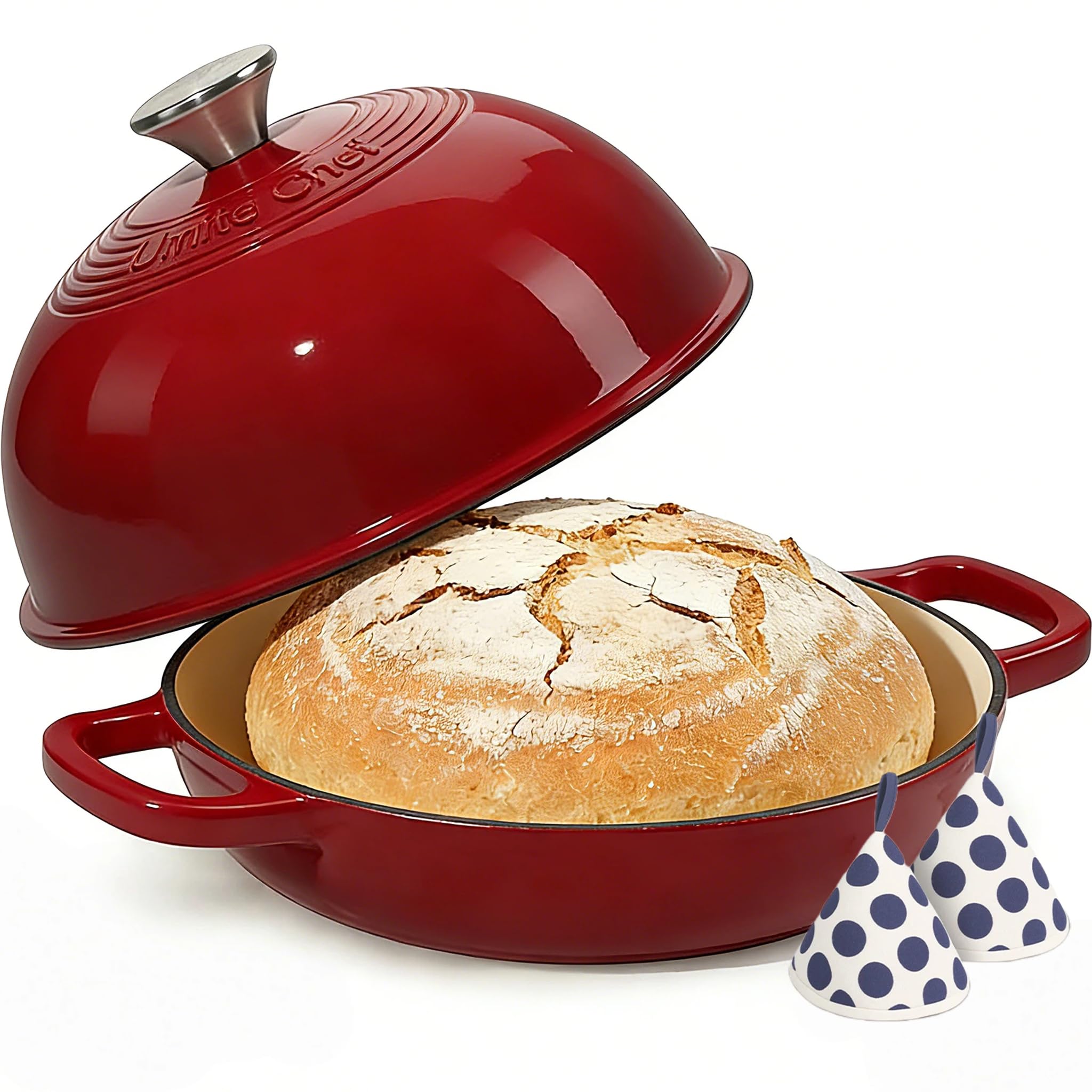 Photo 1 of Enamelled Cast Iron Dutch Oven Pot – Dutch Oven Pot with Lid For Sourdough Bread Baking – Cast Iron Bread Oven – Red, Umite Chef 6QT Pot with Lid & Cotton Potholders