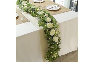 DIOTY 1PCS 5.9 ft Eucalyptus Garland with 8 White Roses Flower Garland with Lights Artificial Rose Flower Garland Faux Rose Flower Garland Fake Vine for Wedding Centerpieces Table Dinning Home Wall Decor