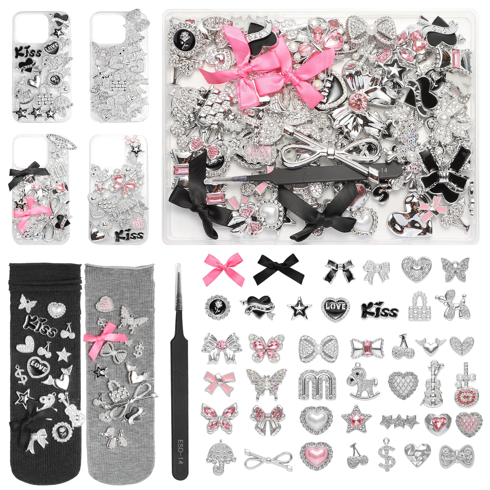 Photo 1 of 100 Pcs Bling Flat Back Junk Charm Kit for Junk Socks/Shoes/Phone Cases/Bracelets & DIY Accessories, Including Silver and Pink Bows/Hearts/Stars/Rhinestone Charms, Great Christmas Gift Idea for Girls