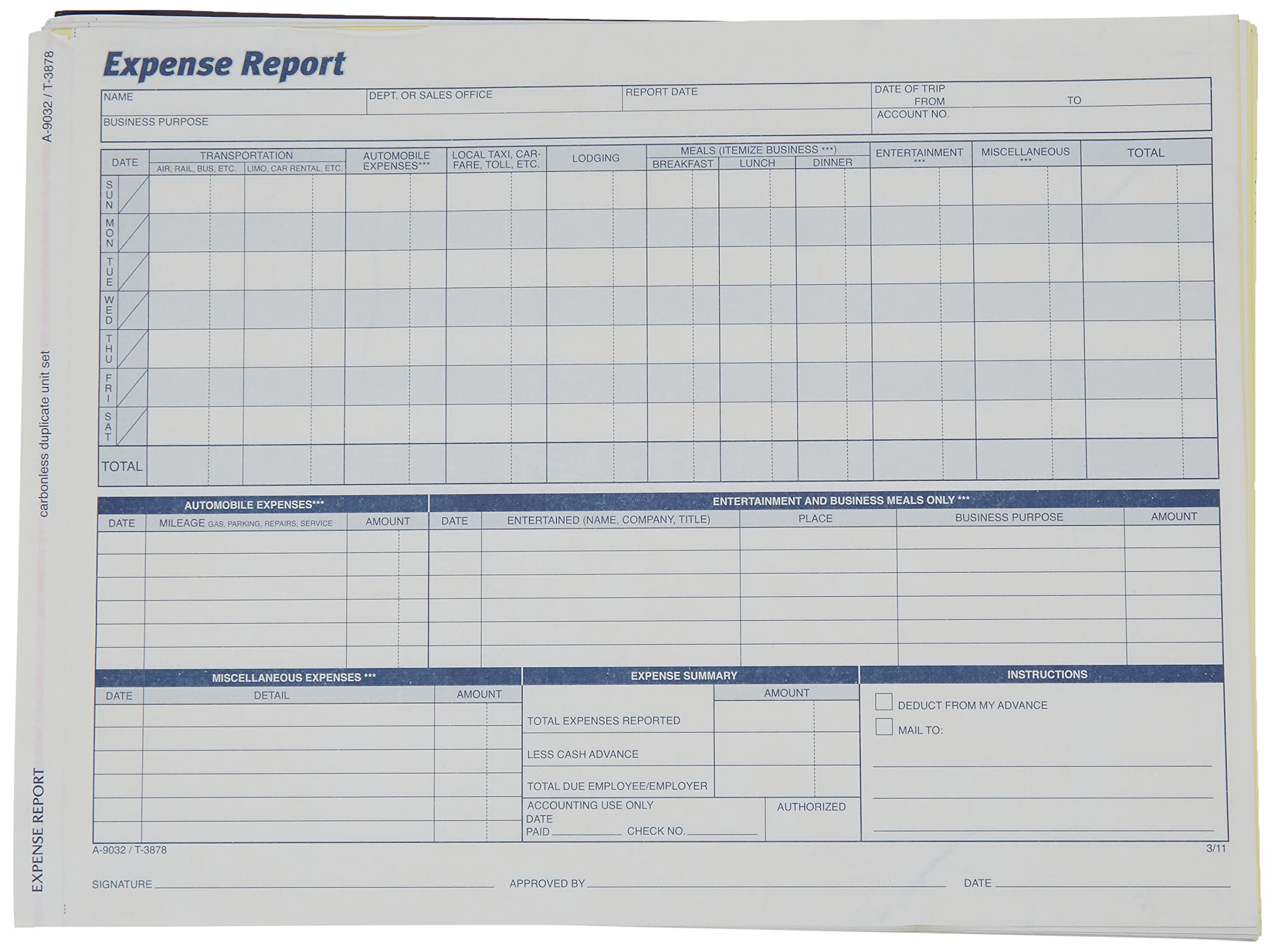 Photo 1 of Adams Weekly Expense Report Forms, 2-Part Carbonless, White/Canary, 11.44 x 8.5 Inches, 50 Sets per Pack (9032ABF)