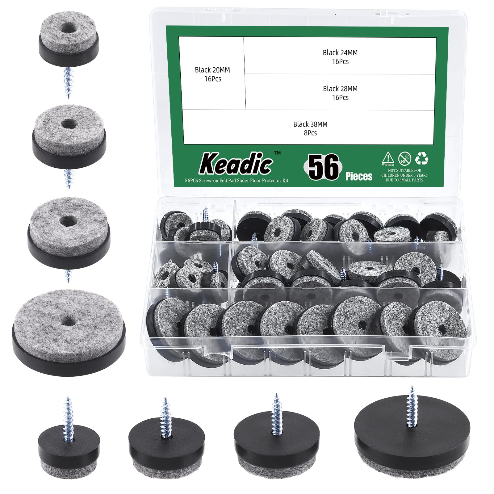 Keadic 56Pcs Screw-on Furniture Felt Pads Assortment Set Contains 1-1/2”, 1-1/8", 1”, 4/5” Round Slider Glide Floor Protector for Wooden Furniture Chair Tables Leg Feet (Black)